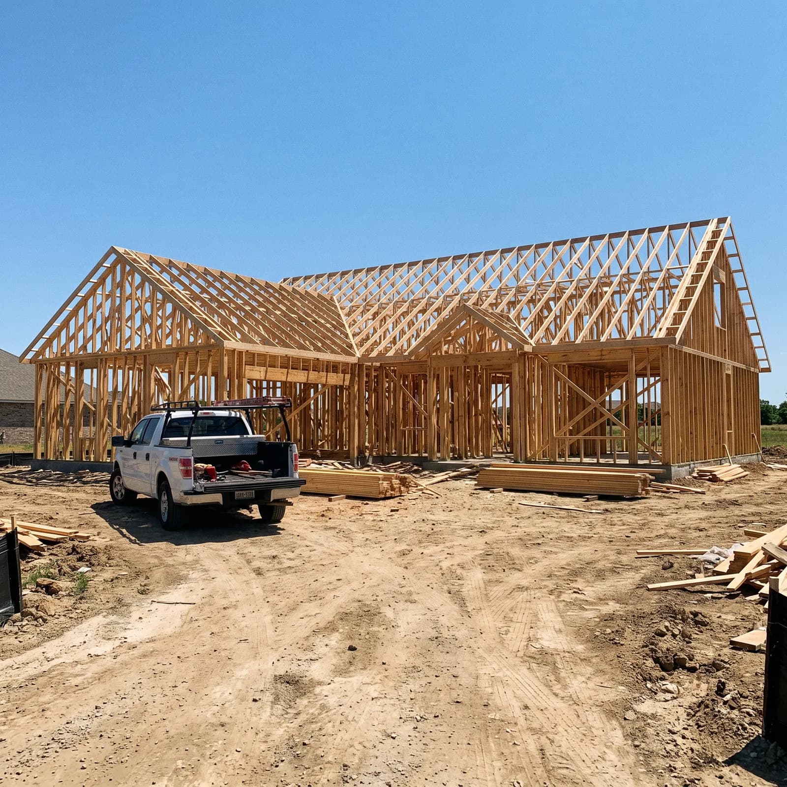Wall and roof framing on a new home by ORC in Iowa City